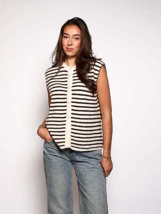 Lola Knitted Spencer with Buttons | White brown striped | Tall