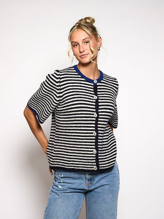 Lena Knitted Cardigan with Buttons | White Dark Blue Striped | Tall
