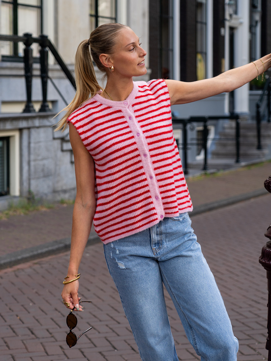Lola Knitted Spencer with Buttons | Pink Red Striped | Tall