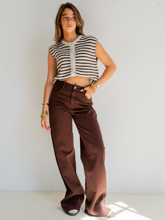 Lola Knitted Spencer with Buttons | White brown striped | Tall