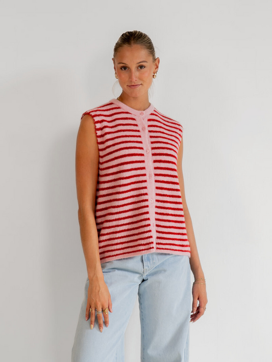 Lola Knitted Spencer met Knoopjes | Roze rood gestreept | Tall
