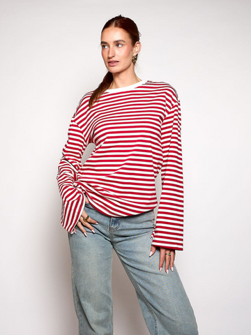 Nine Tee | Wijd uitlopende mouw | Gestreept wit rood | Tall