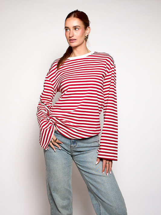 Nine Tee | Wijd uitlopende mouw | Gestreept wit rood | Tall