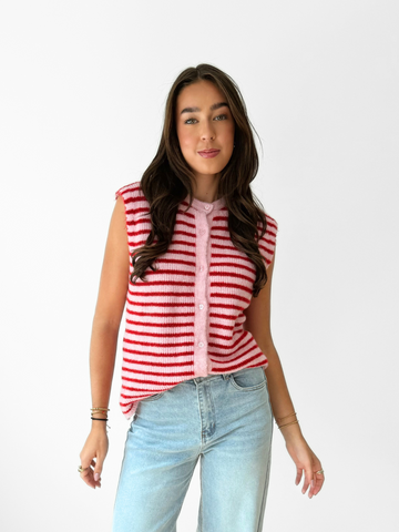 Lola Knitted Spencer met Knoopjes | Roze rood gestreept | Tall