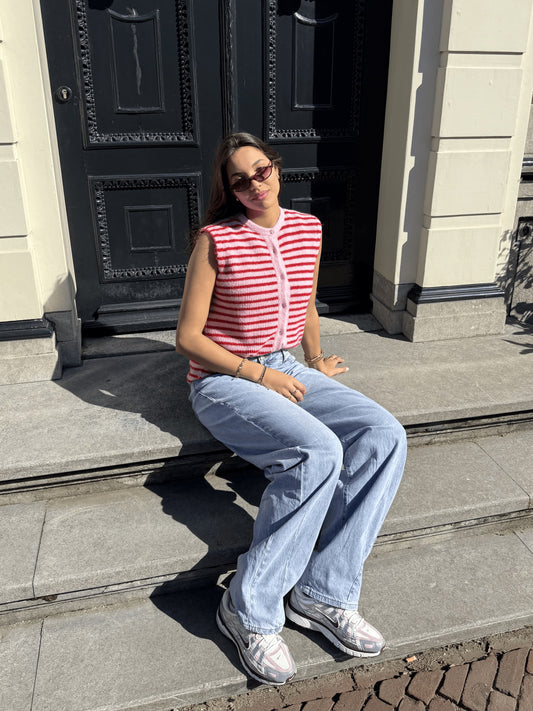 Lola Knitted Spencer met Knoopjes | Roze rood gestreept | Tall