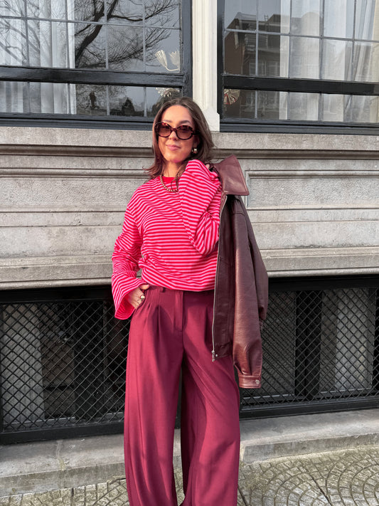 Nine Tee | Wijd uitlopende mouw | Gestreept roze rood | Tall