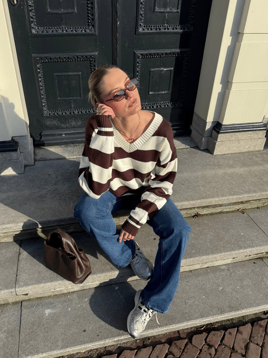 Ella | Gebreide trui | Bruin gestreept | Tall