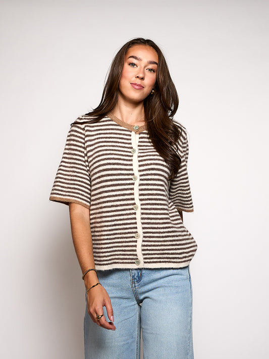 Lena Gebreid Vest met Knoopjes | Wit bruin gestreept | Tall