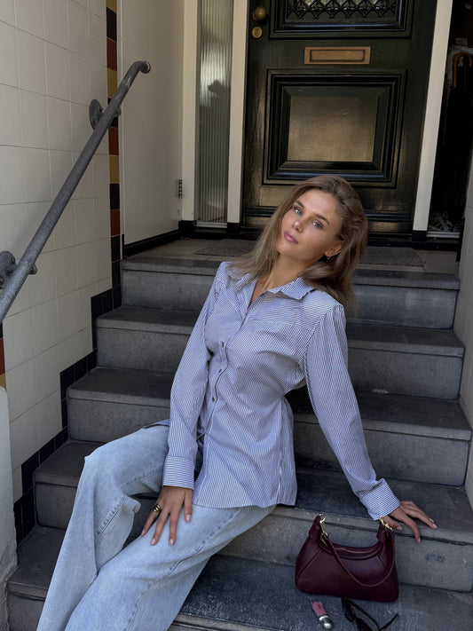 Sem getailleerde blouse | Grijs gestreept | Tall