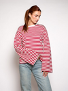 Nine Tee | Wijd uitlopende mouw | Gestreept wit rood | Tall