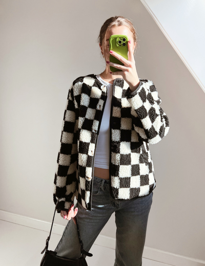 Leela Teddy jacket chequered | Regular/Tall | Zwart/Wit