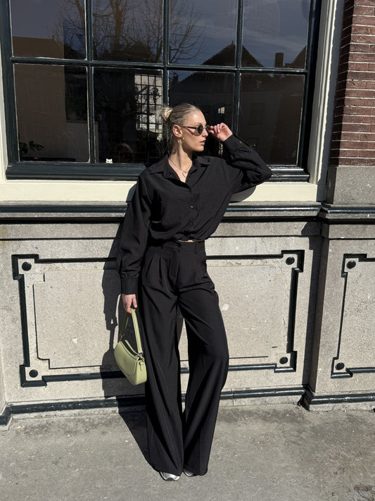 Jip | Wide leg pantalon met plooien | Zwart | Tall