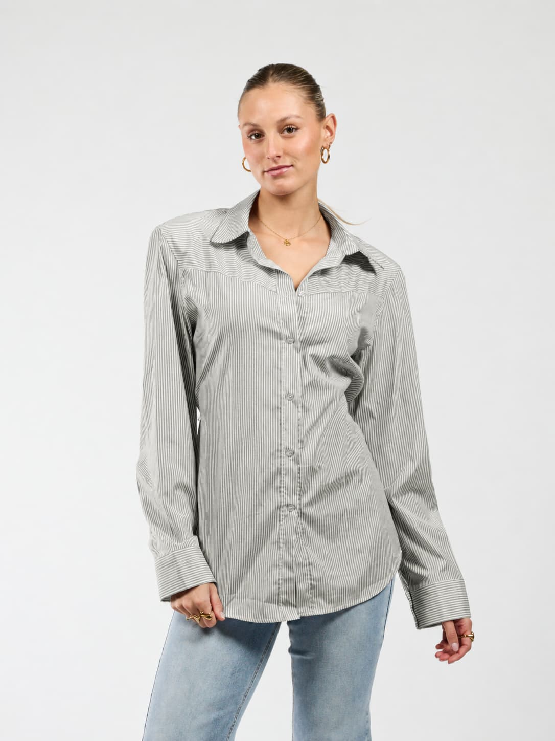 Sem getailleerde blouse | Grijs gestreept | Tall