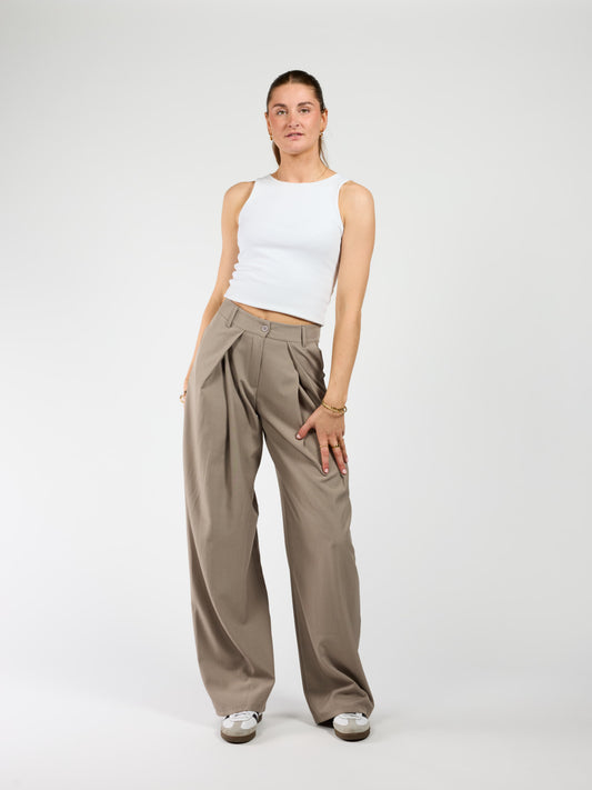 Ella | Wide leg pantalon met plooien | Taupe | Tall