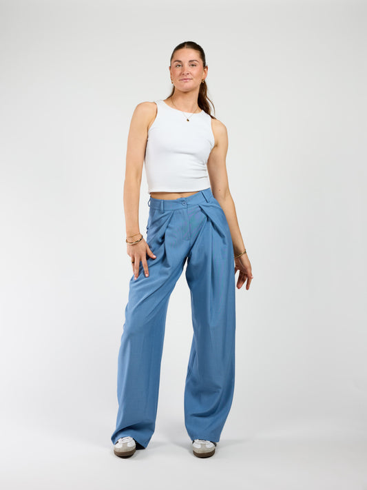 Ella | Wide leg pantalon met plooien | Denim blauw | Tall