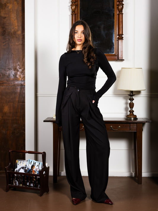 Ella | Wide leg pantalon met plooien | Zwart | Tall