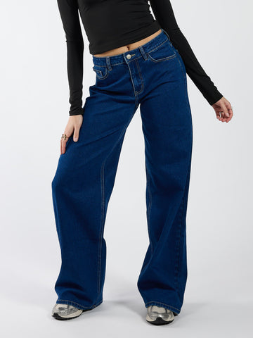 Indy | Mid Waist Wide Leg Jeans | Dark blue | Stretch | Tall