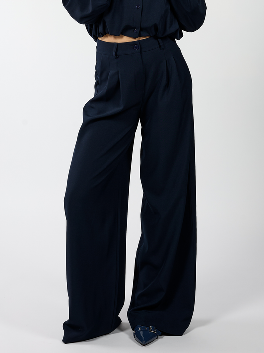 Jip | Wide leg pantalon met plooien | Navy | Tall