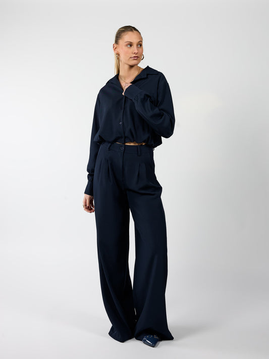 Jip | Wide leg pantalon met plooien | Navy | Tall