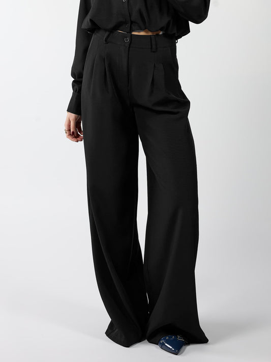 Jip | Wide leg pantalon met plooien | Zwart | Tall