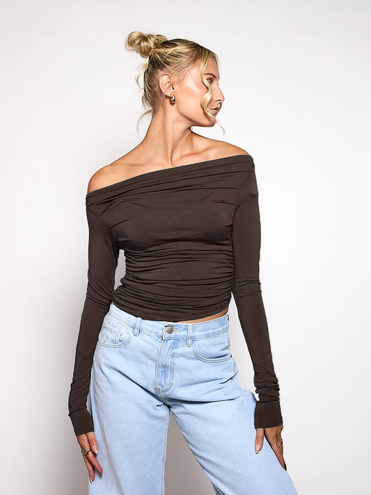 Lieke off shoulder top | Tall | Donkerbruin