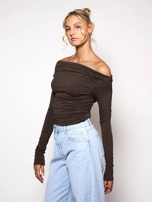 Lieke off shoulder top | Tall | Donkerbruin