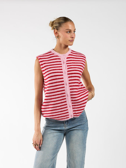Lola Knitted Spencer met Knoopjes | Roze rood gestreept | Tall