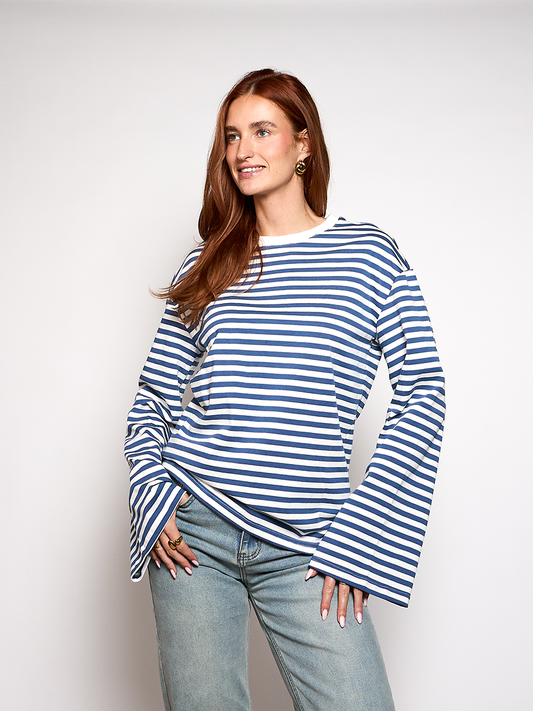 Nine Tee | Wijd uitlopende mouw | Gestreept wit blauw | Tall
