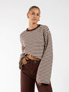 Nine Tee | Wijd uitlopende mouw | Gestreept cream bruin | Tall