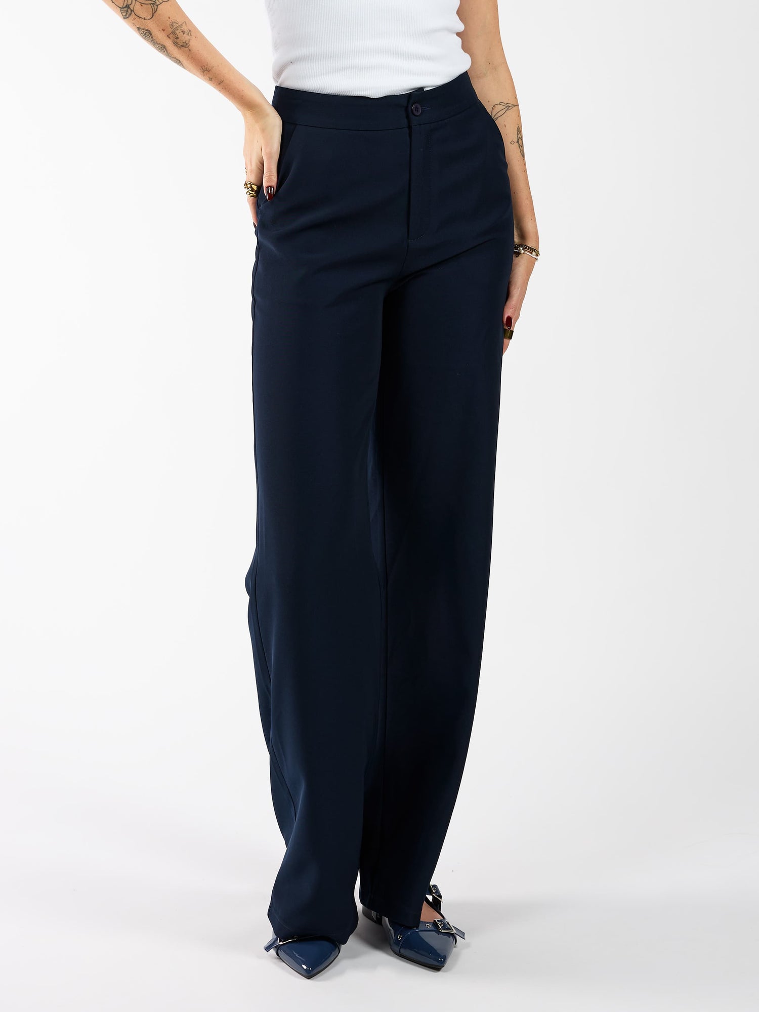 Nova | Wide leg pantalon met knoop | Navy | Tall