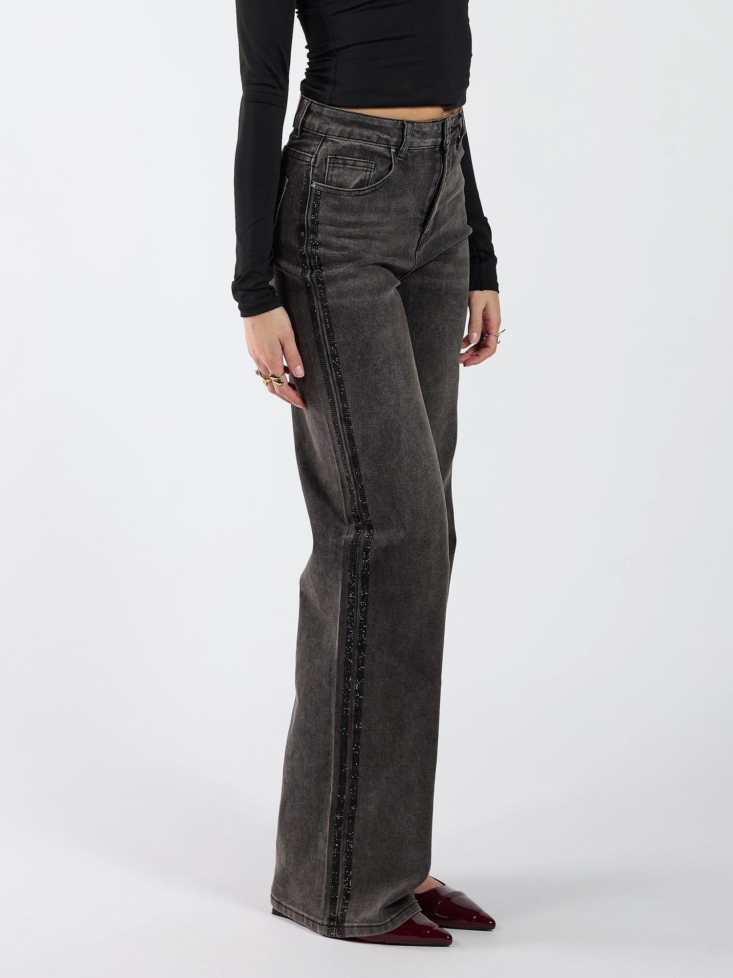 Sassy | Super Wide Leg Jeans | Diamond Stripes | Stretch | Washed Black | Tall