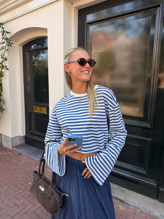 Nine Tee | Wijd uitlopende mouw | Gestreept wit blauw | Tall