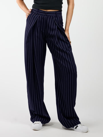 Ella | Wide leg trousers with pleats | Navy with pinstripe | Tall
