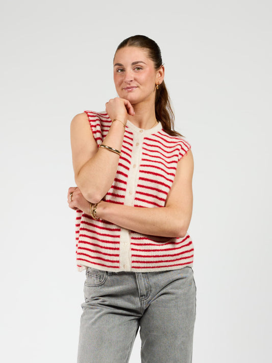 Lola Knitted Spencer met Knoopjes | Wit rood gestreept | Tall