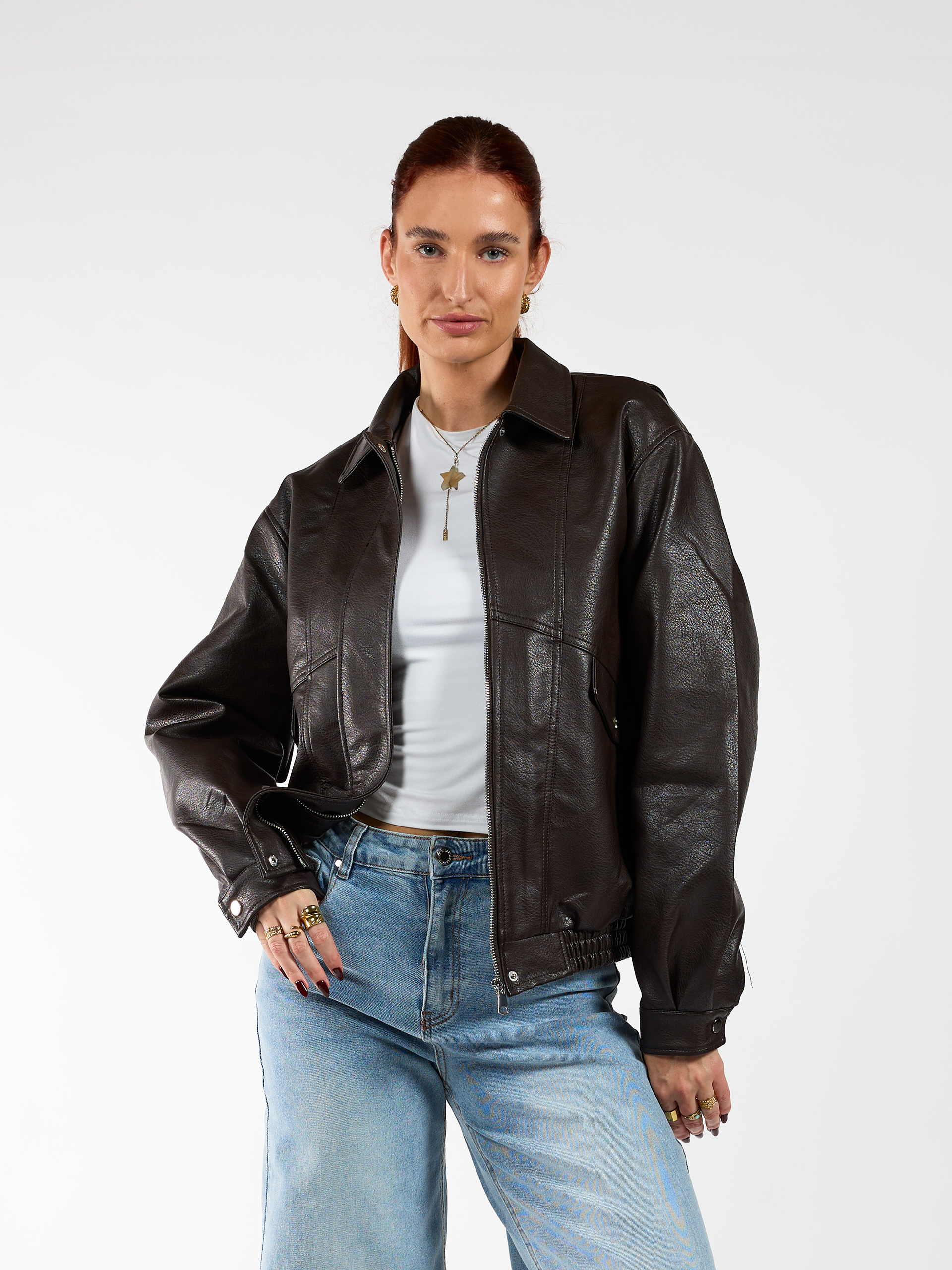 Loua leather jacket | Bruin | Tall | Met extra lange mouwen – The