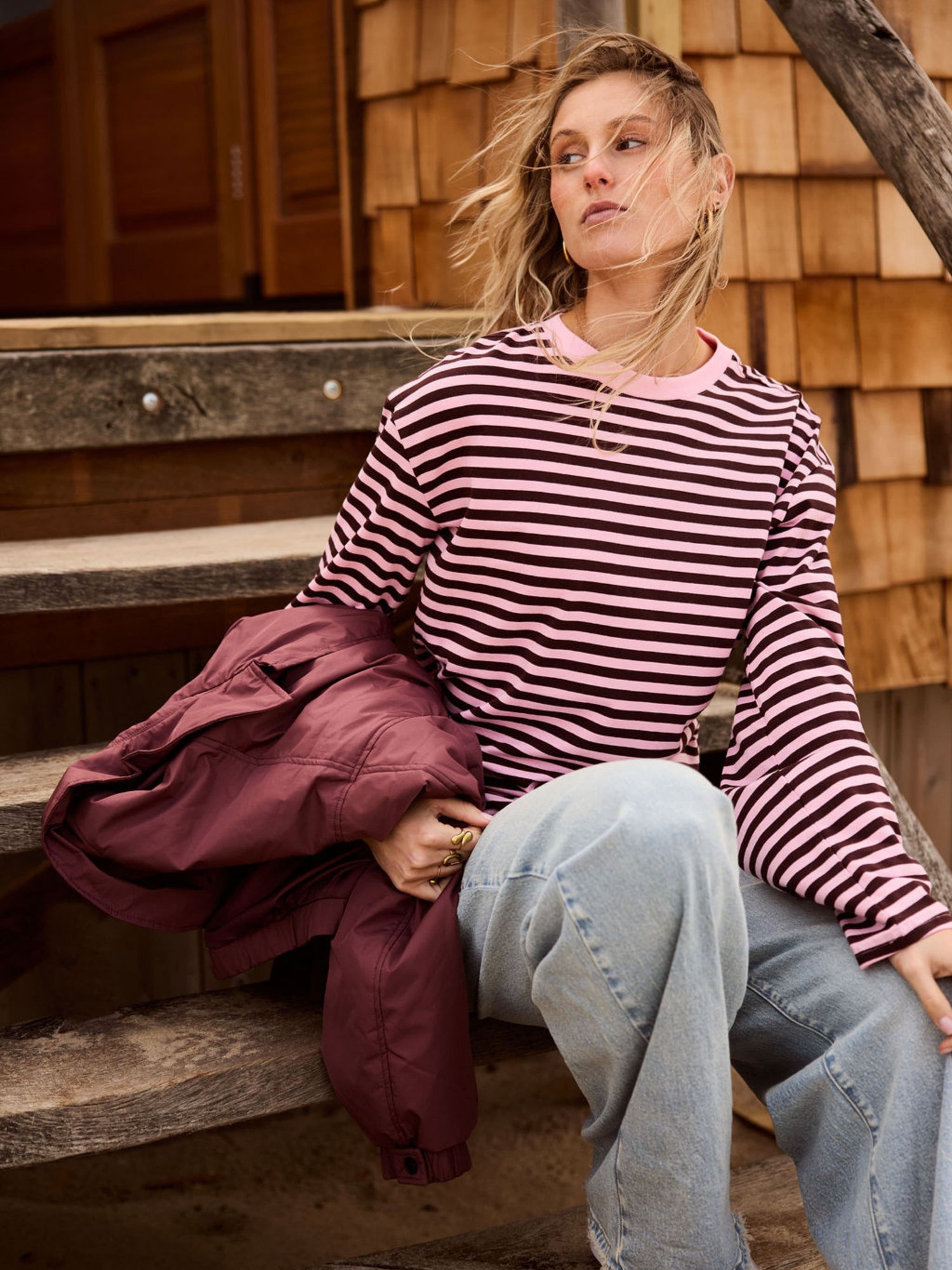 Nine Tee | Wijd uitlopende mouw | Gestreept roze bruin | Tall