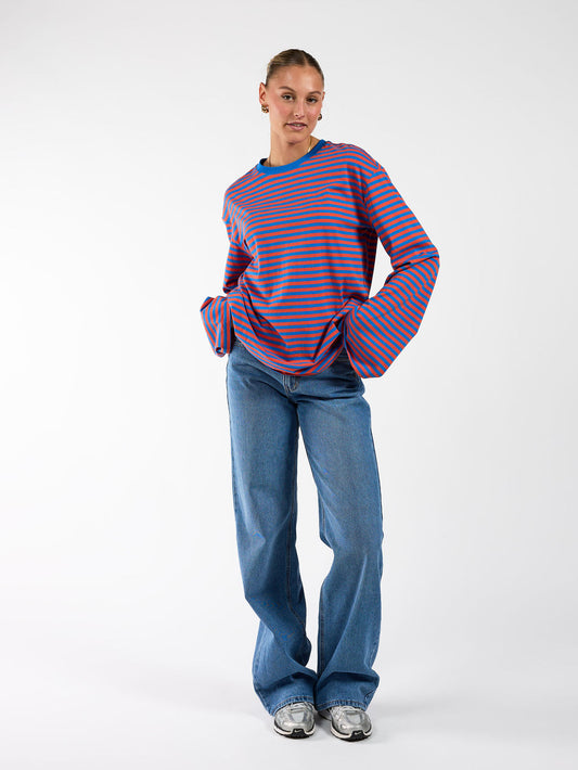 Nine Tee | Wijd uitlopende mouw | Gestreept blauw oranje | Tall